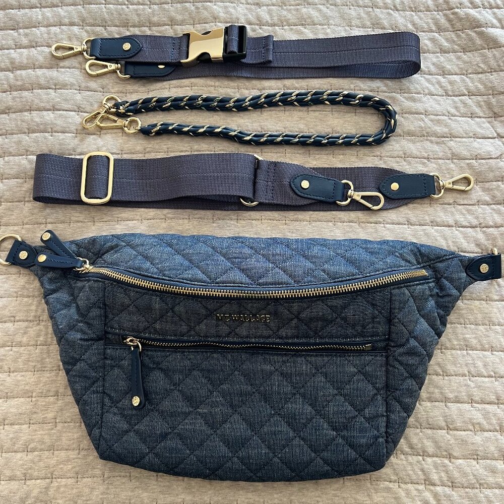 MZ Wallace Crosby LARGE Quilted Belt Bag – Denim Blue, 3 Straps, Like New
